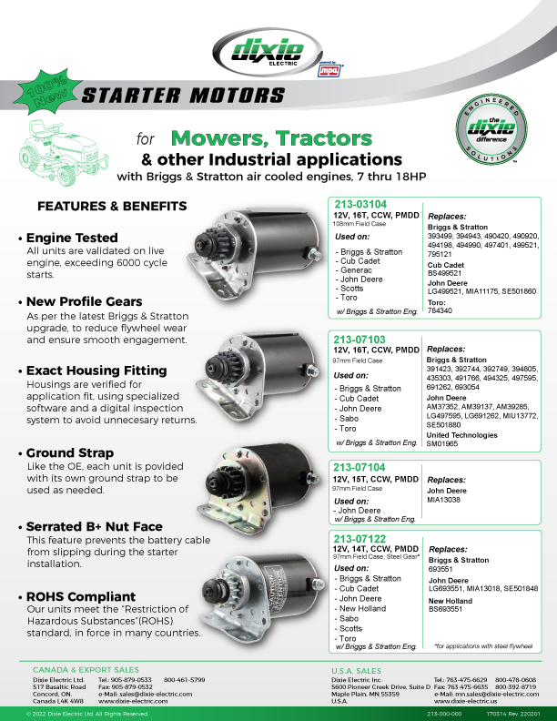 Starters for Mowers, Tractors & Other Industrial Applications