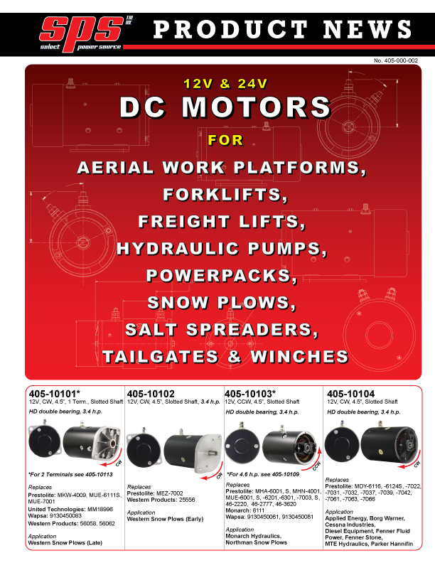 DC Motors for Aerial Work Platforms, Fork Lifts, Hydraulic Pumps, Powerpacks, Snow Plows, Salt Spreaders, Tailgate, & Winches